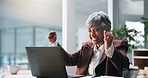 Business woman, laptop and excited with celebration for winning trade, investment deal or success. Trader, mature person and tech with victory fist in office for stock market bonus and profit target