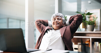 Buy stock photo Mature, business woman and relax with laptop in office for project completion, done tasks or finish. Female person, rest or stretching with smile on computer for productivity or deadline in workplace