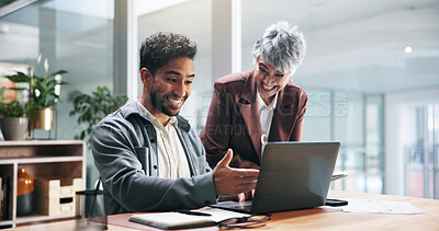 Buy stock photo Happy, business people and discussion with laptop for good news, success or career promotion. Businessman, woman or employees with smile on computer for positive feedback or notification in office