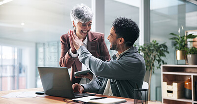 Buy stock photo Business success, laptop and people with high five for trading bonus, teamwork and investment. Excited man, mature woman and tech with celebration in office for stock market growth and achievement