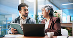 Business discussion, people and tablet with laptop for finance update, budget solution or planning. Financial advisor, manager or teamwork with tech in office for insurance advice and investment tips