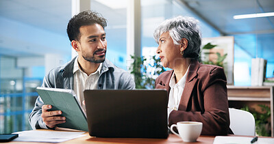 Buy stock photo Business discussion, people and tablet with laptop for finance update, budget solution or planning. Financial advisor, manager or teamwork with tech in office for insurance advice and investment tips