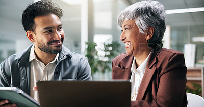 Buy stock photo Business, people and tablet with laptop in office for revenue update, finance feedback and happy. Financial advisor, planning and teamwork with technology for insurance advice and investment guidance