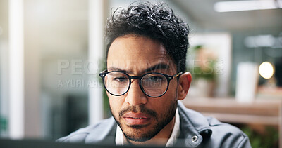Buy stock photo Thinking, confused and businessman in office for ideas, mistake or doubt on creative project. Glasses, vision and copywriter with research for online article with publishing planning in workplace.