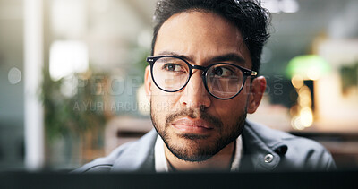 Buy stock photo Thinking, ideas and businessman in office with research, planning or brainstorming for project. Glasses, professional and creative copywriter with choice, decision or vision for career in workplace.