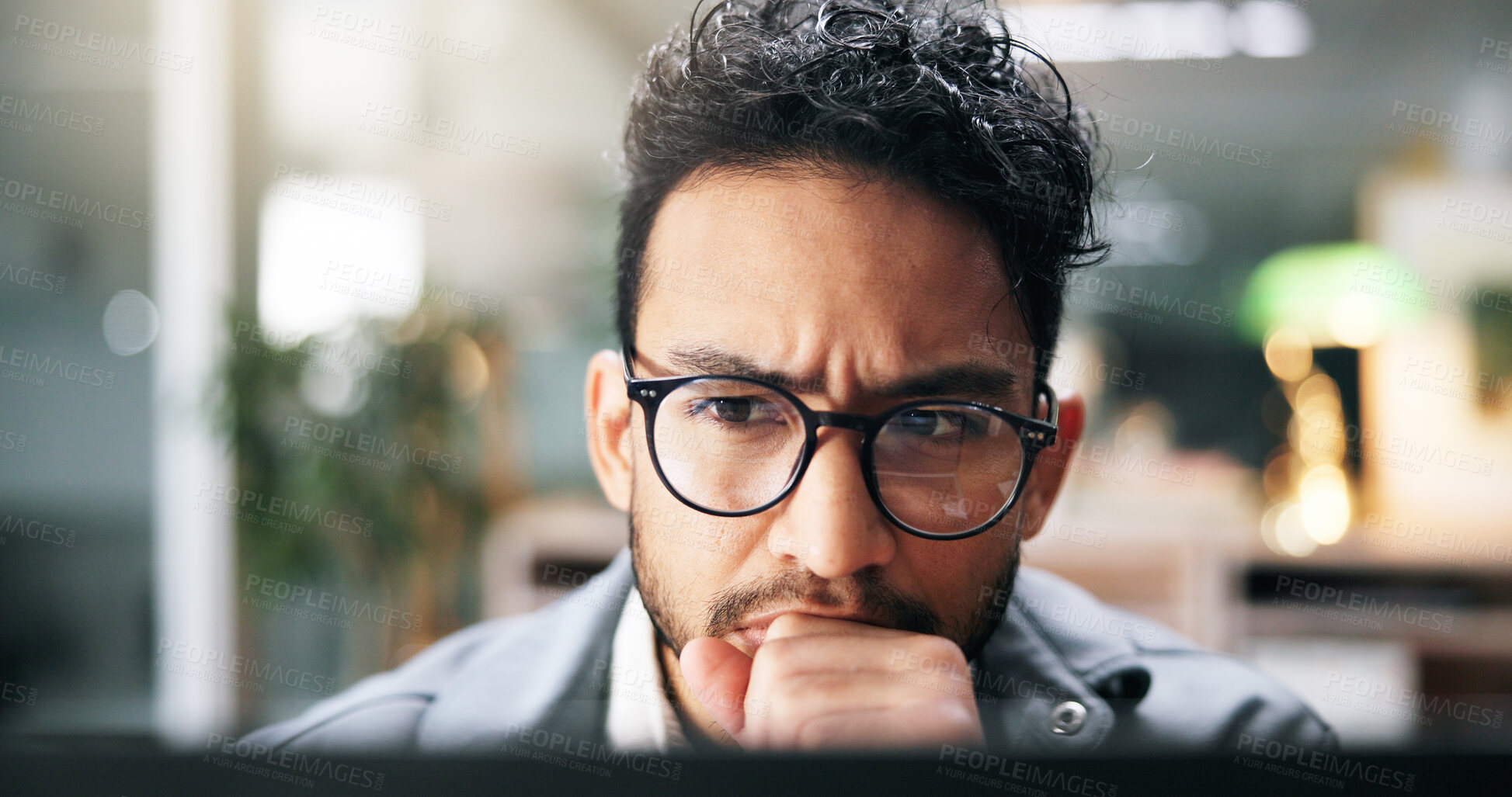 Buy stock photo Thinking, doubt and businessman in office for ideas, mistake or thinking on creative project. Glasses, vision and copywriter with research for online article with publishing, planning and workplace.