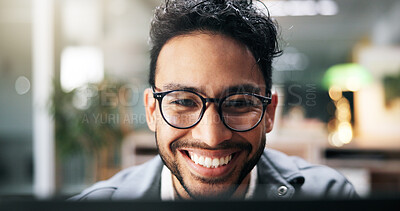 Buy stock photo Smile, creative man and laptop in office for planning, proofreading story and editor feedback. Happy, journalist and glasses with tech for research, article headlines and information for publication