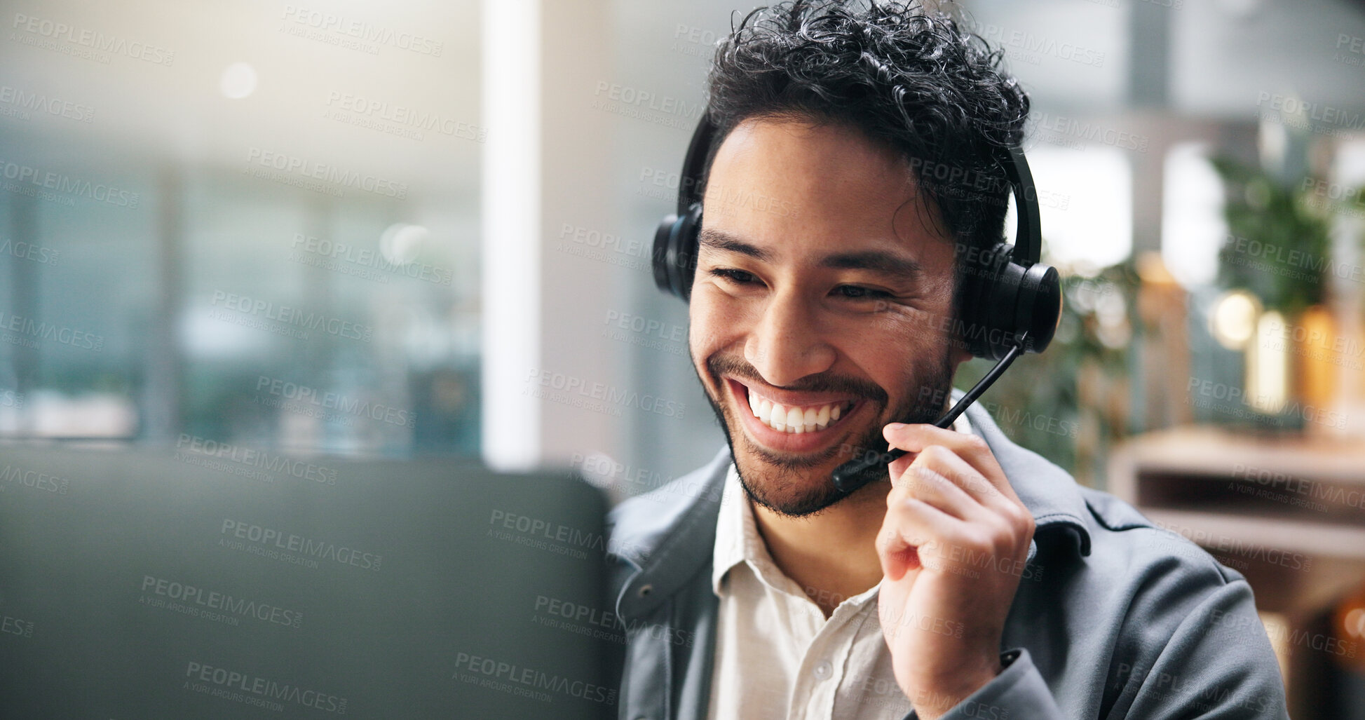 Buy stock photo Call center, headset and businessman in office for customer service, crm or help desk communication. Happy, mic and male technical support consultant with online consultation for contact in workplace
