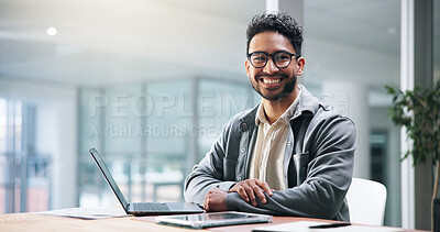 Buy stock photo Laptop, portrait and smile with business man in office for administration, planning or report. Computer, glasses and tablet with happy employee in workplace for email feedback, research or review