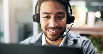 Buy stock photo Call center, headset and businessman in office for technical support, crm or help desk communication. Happy, mic and male customer service consultant with online consultation for contact in workplace