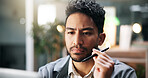 Thinking, employee and man with laptop, office or plan for project, reporter and creative for story. Proofreading, article and journalist with tech for magazine, editing or checking draft in newsroom