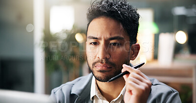 Buy stock photo Thinking, employee and man with laptop, office or plan for project, reporter and creative for story. Proofreading, article and journalist with tech for magazine, editing or checking draft in newsroom