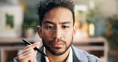 Buy stock photo Reading, research and planning with business man in office for project review, news update and journalist. Creative report, article feedback and magazine startup with person in media agency for idea