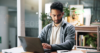 Buy stock photo Documents, laptop and typing with business man in office for administration, planning or report. Computer, paperwork and reading with employee in workplace for email feedback, research or review