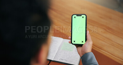 Buy stock photo Business person, hands or phone with green screen above for online connectivity, UI or UX in office. Top view, journalist or employee with mobile smartphone display or book for app on mockup space