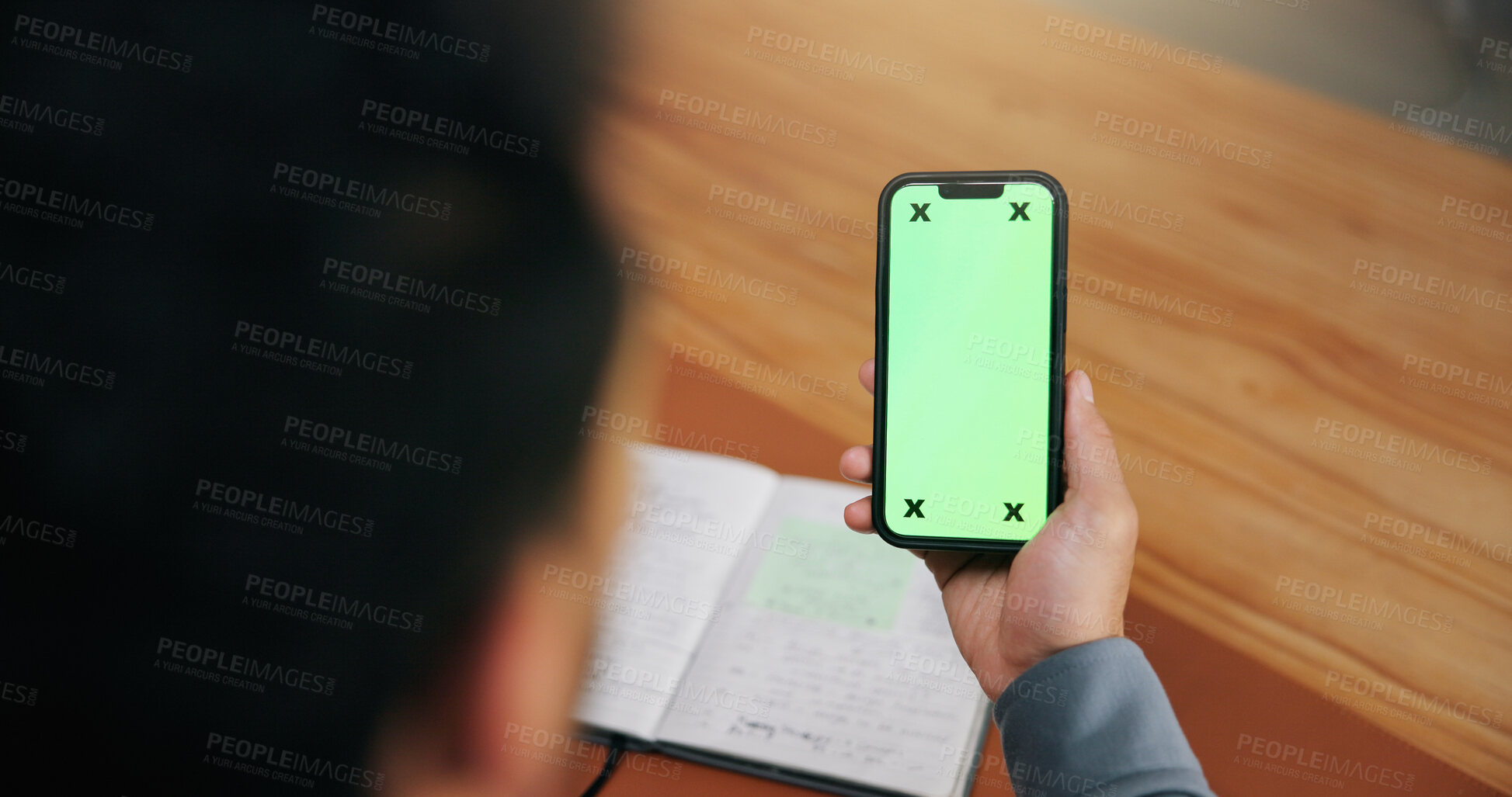 Buy stock photo Business person, hands or phone with green screen above for online connectivity, UI or UX in office. Top view, journalist or employee with mobile smartphone display or book for app on mockup space