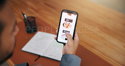 Buy stock photo Businessman, hands and phone screen for food delivery order with online menu, takeout and hungry. Above, lunch break and employee with mobile app for meal choice, web browsing and ecommerce in office