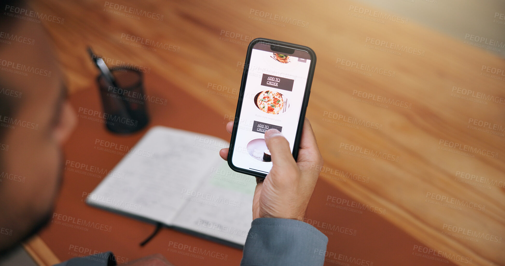 Buy stock photo Businessman, hands and phone screen for food delivery order with online menu, takeout and hungry. Above, lunch break and employee with mobile app for meal choice, web browsing and ecommerce in office