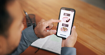 Buy stock photo Businessman, hands and phone screen for food order with online menu, meal option and lunch break. Above, hungry  and employee with mobile app for takeout decision, web browsing or ecommerce in office