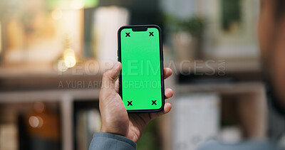 Buy stock photo Person, hands or phone with green screen for online connectivity, network service or UI in office. Business, journalist or employee with mobile smartphone display for new app or UX on mockup space