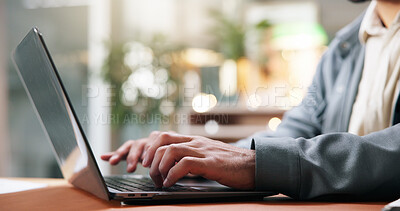 Buy stock photo Hands, laptop and business person typing email, report and review article for copywriting in office. Computer keyboard, man and worker with research, online schedule and content writing with blog