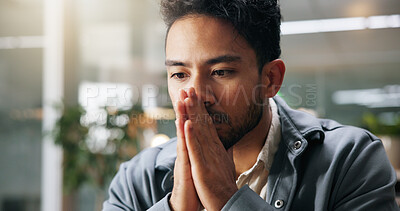 Buy stock photo Business, man and thinking with stress in office for career burnout, resignation doubt or reflection. Professional, employee and thoughtful with contemplation for leaving company, decision and risk