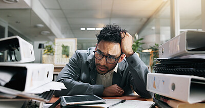 Buy stock photo Stress, workload and businessman in office with frustration, fatigue and exhaustion for project deadline. Files, documents and professional financial manager with burnout for reports in workplace.