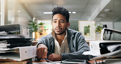 Buy stock photo Stress, workload and businessman in office with burnout, fatigue and exhaustion for project deadline. Files, documents and professional financial manager with frustration for reports in workplace.