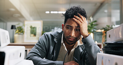 Buy stock photo Stress, workload and businessman in office with exhaustion, fatigue and burnout for project deadline. Files, documents and professional financial manager with frustration for reports in workplace.