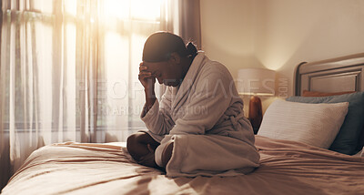 Buy stock photo Thinking, woman and stress in bedroom, depression or sad for financial crisis, unemployment or debt. Mental health, reflection and black person with anxiety, job loss and career uncertainty in house