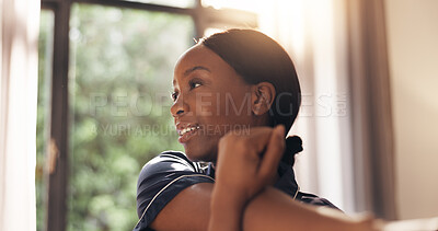 Buy stock photo Smile, black woman and stretching in bedroom at house for wake up, start day and muscle relief. Thinking, female person and warm up arms for circulation, body awareness and good sleep for wellness