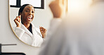 Happy, woman and dancing in mirror of bathroom for feel good morning, energy and getting ready fun. Reflection, black person and singing in home for music playlist, self care routine and performance