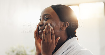 Buy stock photo Black woman, skincare cream and happy in bathroom with dermatology product for hydration at home. African person, beauty and cosmetics with lotion, moisturizer and application with morning routine