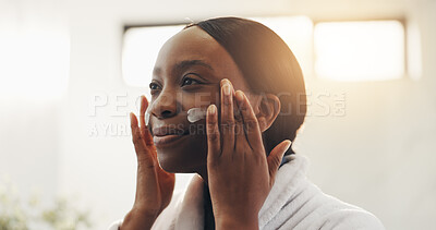 Buy stock photo Black woman, skincare cream and smile in bathroom with dermatology, face or product at home. African person, beauty and cosmetics with lotion, moisturizer or sunscreen application for morning routine