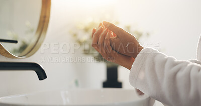 Buy stock photo Home, washing hands and woman in bathroom, hygiene and routine with skincare, faucet and morning. Closeup, apartment and person with tap, lens flare and remove bacteria with wellness and cleaning