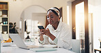 Remote work, phone and black woman in home for research, email update or report. Newsletter, social media and copywriting with African freelancer,  journalist or blog writer in apartment for break