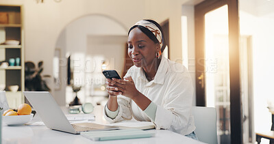 Buy stock photo Remote work, phone and black woman in home for research, email update or report. Newsletter, social media and copywriting with African freelancer, journalist or blog writer in apartment for break