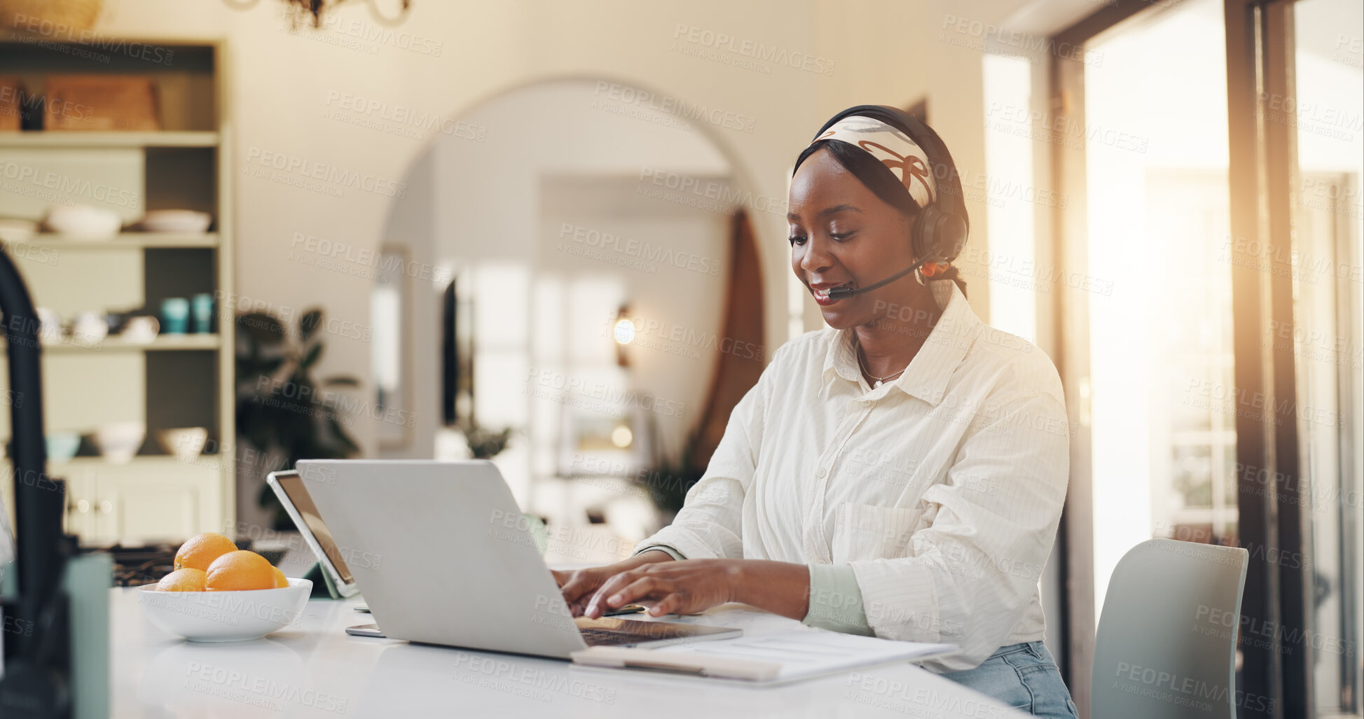 Buy stock photo Laptop, headset and black woman in home with remote work for virtual assistant career. Research, computer and African female customer support agent with mic for help desk freelance job in apartment.