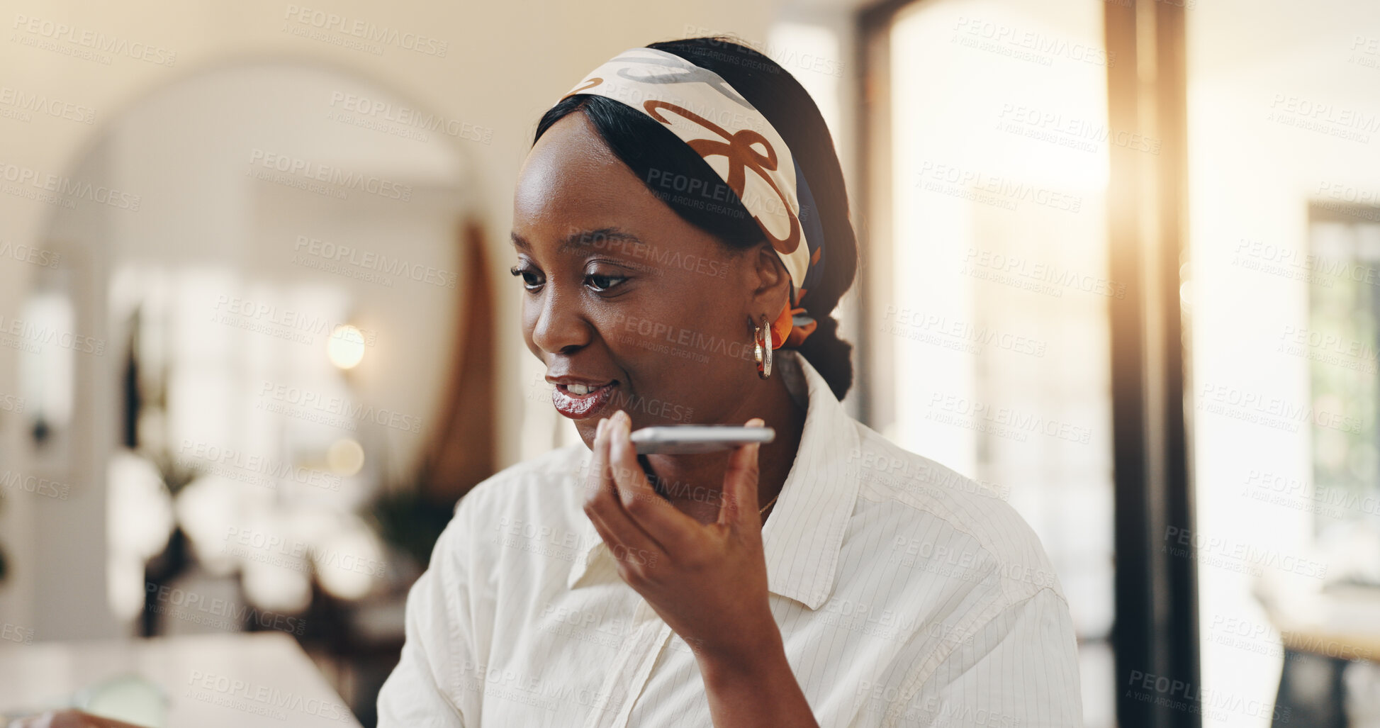 Buy stock photo Remote work, phone and black woman in home for voice note, update or report. Communication, social media and discussion with African freelancer,  journalist or planning in apartment for blog writer