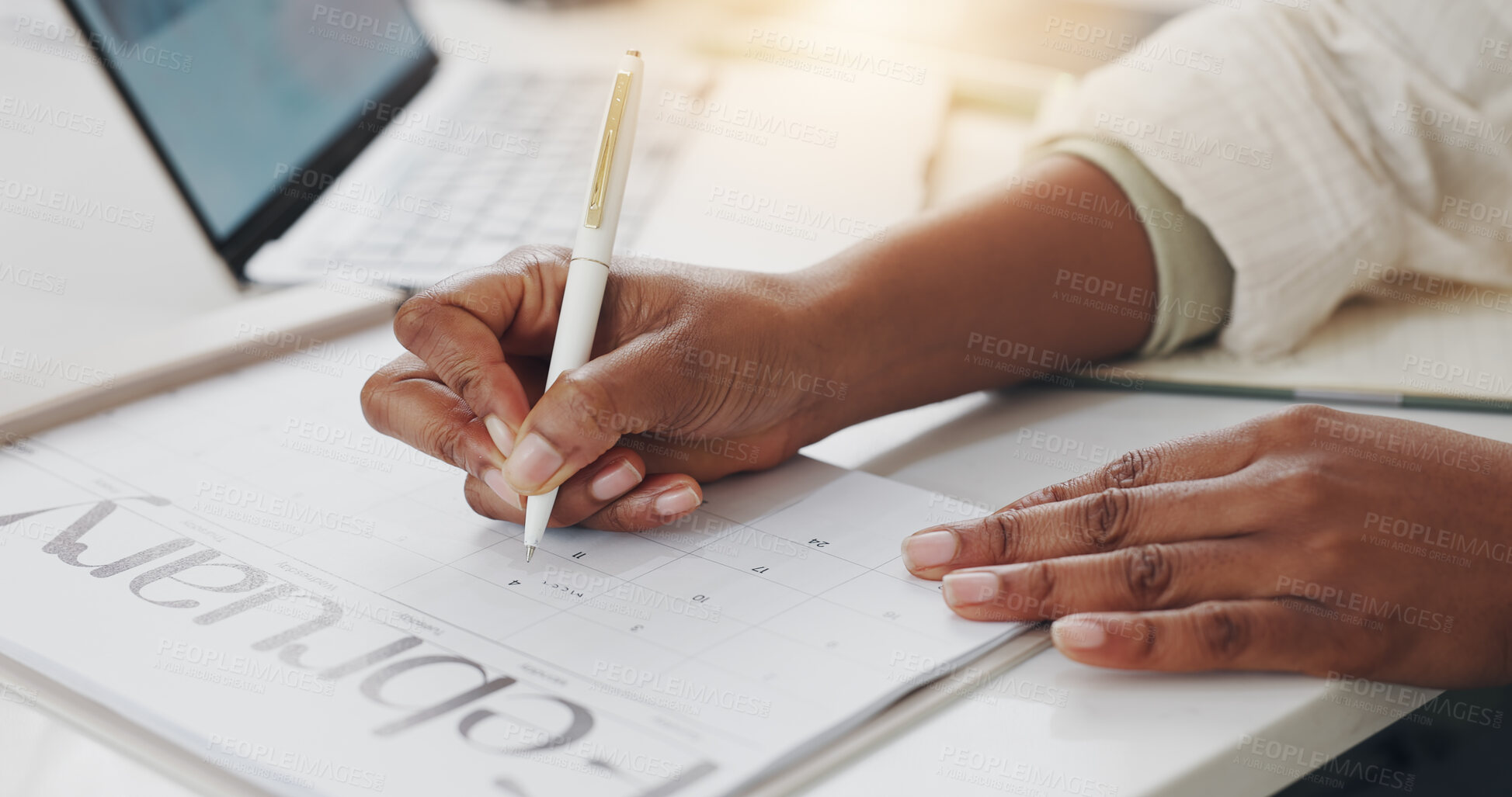 Buy stock photo Calendar, writing and hands of woman in home for planning, schedule or agenda by desk for journal. Entrepreneur, pen and female person with reminder for tasks, checklist or deadline priority in house
