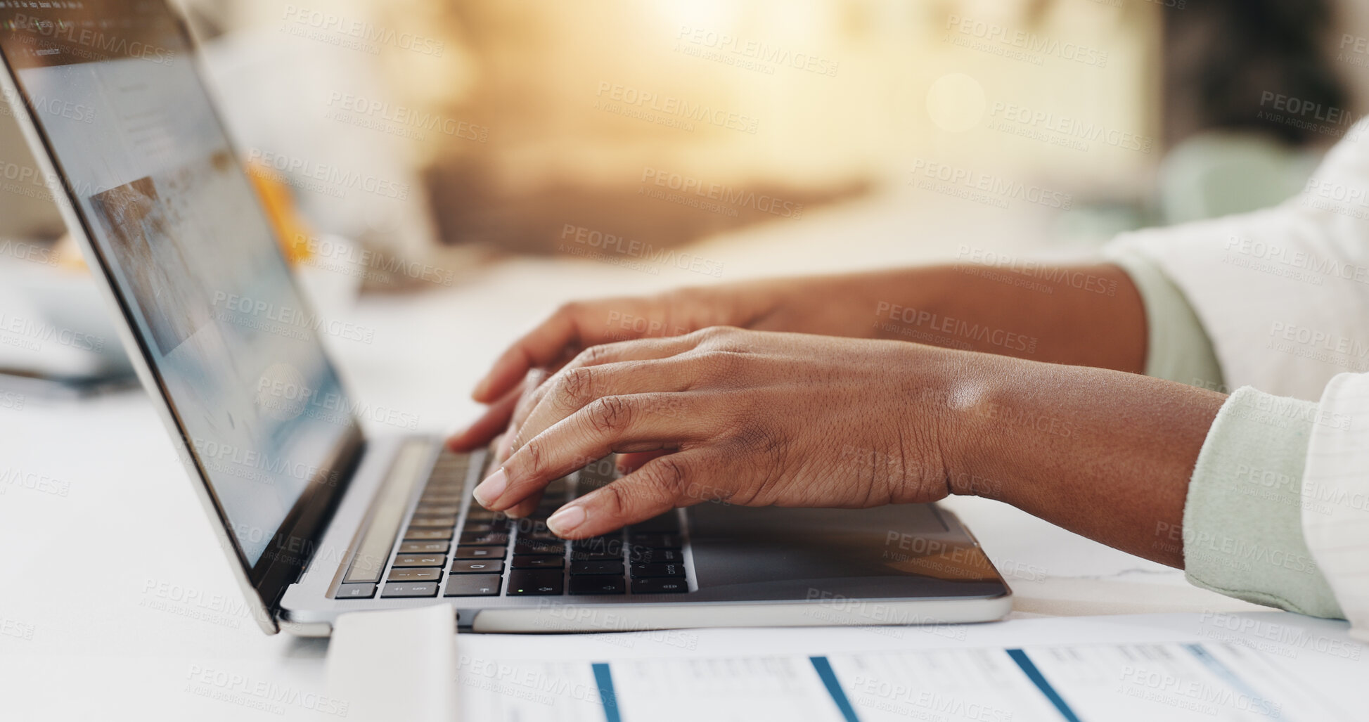 Buy stock photo Business woman, hands and typing with laptop in office for finance report, auditing or payroll. Accountant, screen or employee with invoice paperwork for tax preparation, compliance email or planning