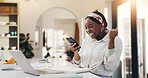 Fist pump, excited and black woman with phone in home for winning, giveaway or prize online. Happy, cellphone and African female person on mobile app for gambling with celebration in apartment.