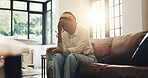 Tired, headache and thinking with black woman on sofa for fatigue, burnout and mistake. Mental health, exhausted and reflection with female person in living room of home for perspective and migraine