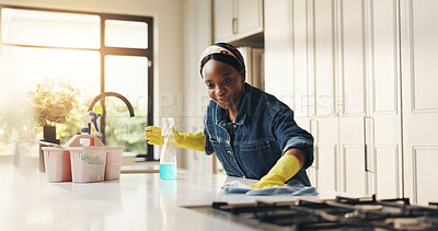 Buy stock photo Smile, woman and cloth for cleaning at house with detergent, sanitizing counter and remover dirt. Happy, female person and wipe table for housekeeping, prevent bacteria and liquid for hygiene safety