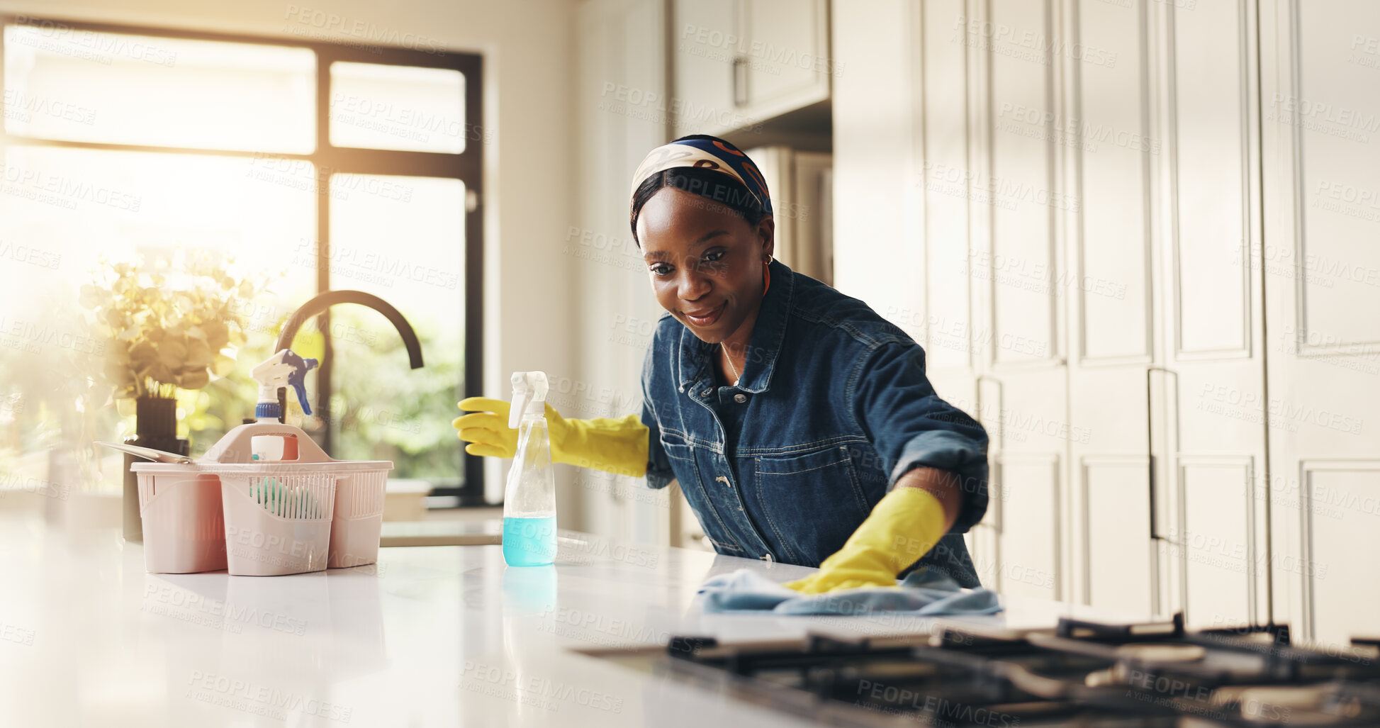 Buy stock photo Smile, woman and cloth for cleaning at house with detergent, sanitizing counter and remover dirt. Happy, female person and wipe table for housekeeping, prevent bacteria and liquid for hygiene safety