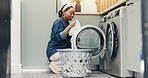 Laundry, clothes and washing machine with black woman and basket for cleaning, housekeeping and chores. Fresh linen, hygiene and dryer with female person in home for fabric, sanitary and housework