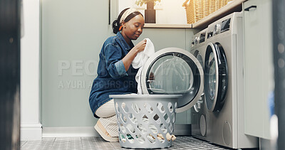 Buy stock photo Laundry, clothes and washing machine with black woman and basket for cleaning, housekeeping and chores. Fresh linen, hygiene and dryer with female person in home for fabric, sanitary and housework