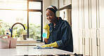 Cleaning, headphones and spray bottle with black woman in kitchen to remove bacteria or germs. Cloth, music and sanitizer with happy African person in home for chores, housekeeping or responsibility