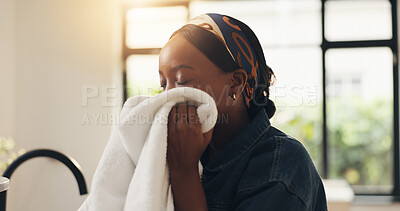 Buy stock photo Black woman, smell and fabric with clean laundry in home for comfort, washing or fragrance. Female person, fresh scent or housewife with soft cloth for hygiene, clothing detergent or aroma in house