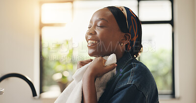 Buy stock photo Happy, black woman or fabric with clean laundry in home for comfort, washing or fragrance. Female person, fresh scent or housewife with smile for soft cloth, hygiene or clothing detergent in house